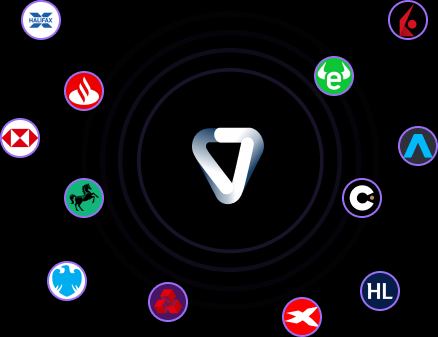 Supported bank and brokerage brands connected around the Vardon mark.